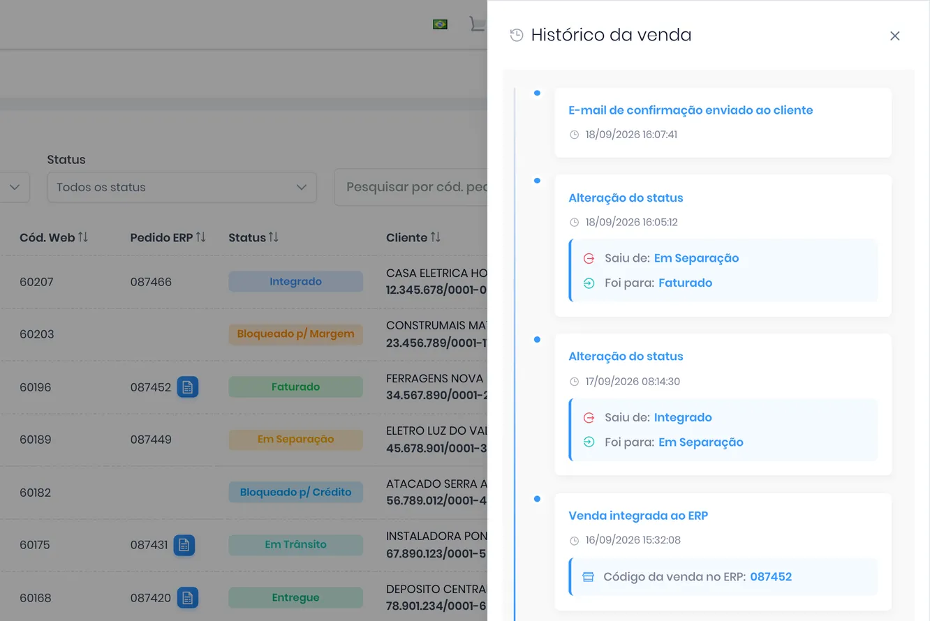 Lista de pedidos com o histórico de integração ao ERP aberto