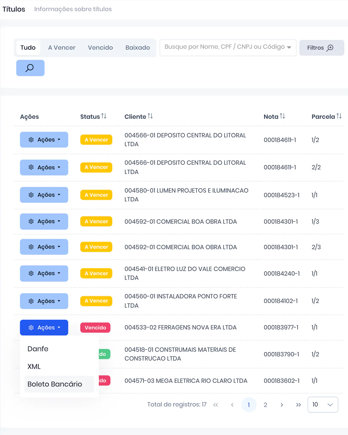 Consulta de títulos do VendaAI com títulos a vencer, vencidos e baixados e acesso a DANFE, XML e boleto