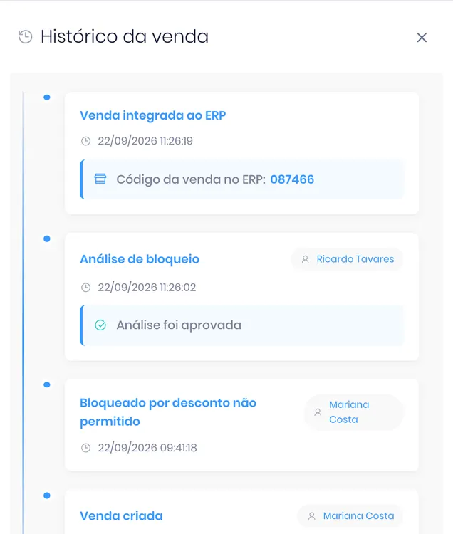 Histórico do pedido com bloqueio, aprovação e integração ao ERP