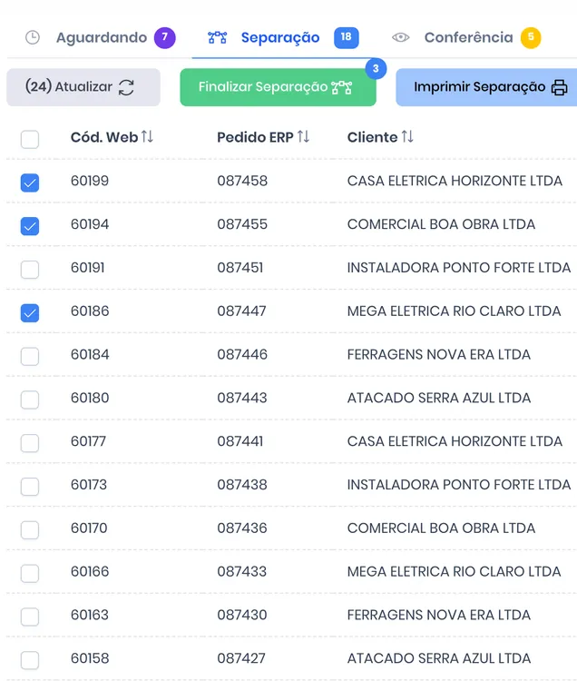 Painel de expedição com pedidos em separação e conferência
